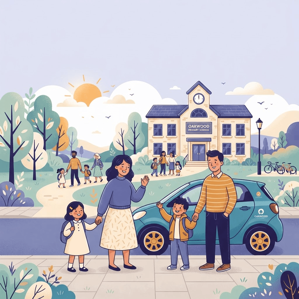 Parents and children gathering near a car outside school in the morning